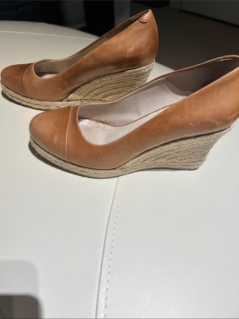 Women's Tan Leather Espadrille Wedge Pumps - Classic Summer Wedges